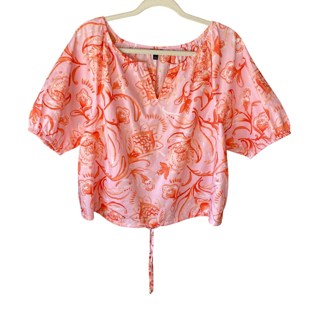 Talbots Womens Pink Orange Paisley Floral Cotton Split Neck Drawstring Blouse L